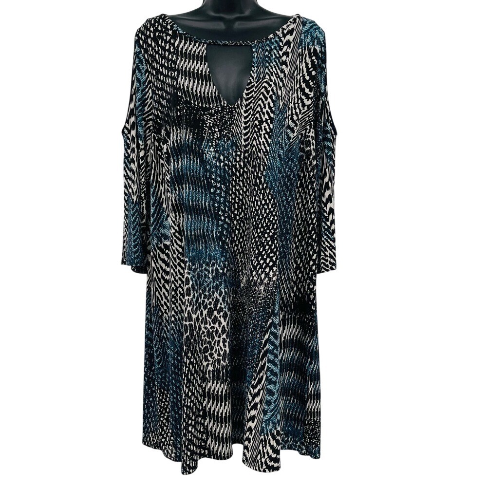 Anna Scholz Dress Womens 16 Teal Black Abstract Animal Cold Shoulder Keyhole